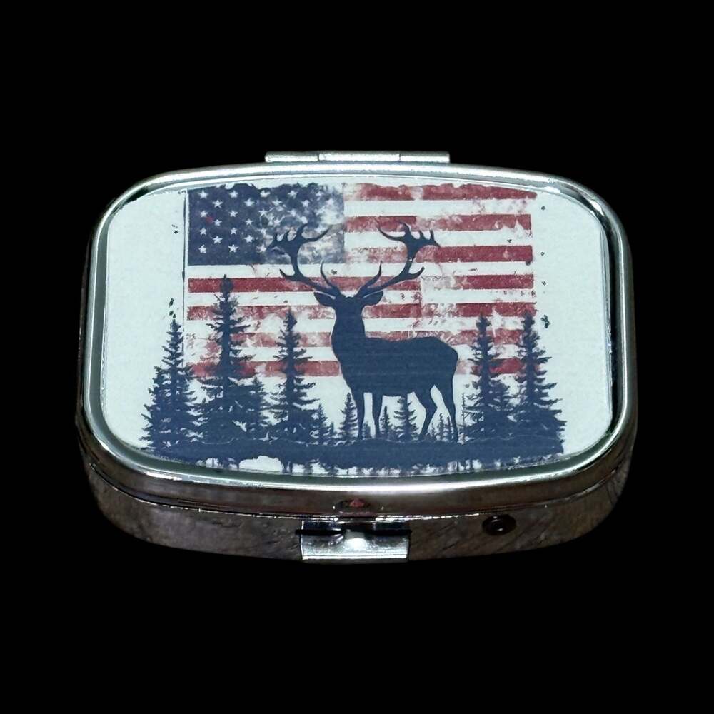 Cute Buck Deer Patriotic Portable Rectangle Metal Pill Organizer Case - Picture 1 of 3